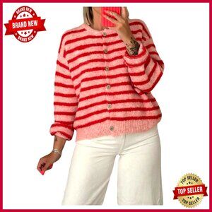 Oversized Striped Cardigan Sweater Long Sleeve Crewneck Button Front Loose Fit